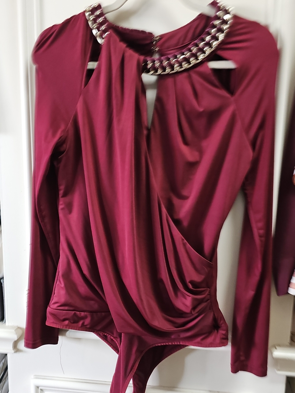 bebe Wine Draped Chain-Neck Long-Sleeve Bodysuit